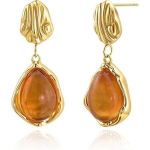 Amber Teardrop Earrings | Gold Plated Frame with Textured Accent